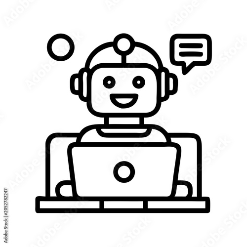 A smiling robot wearing headphones and using a laptop computer