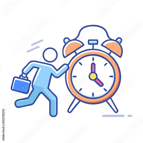 A person running next to an alarm clock with a briefcase in hand being late