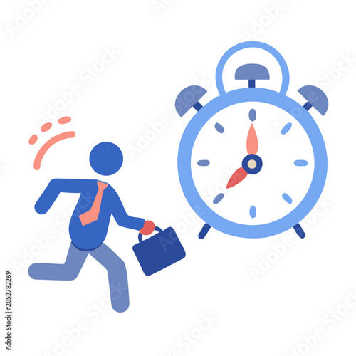 A blue stick figure in a hurry with briefcase near large blue alarm clock