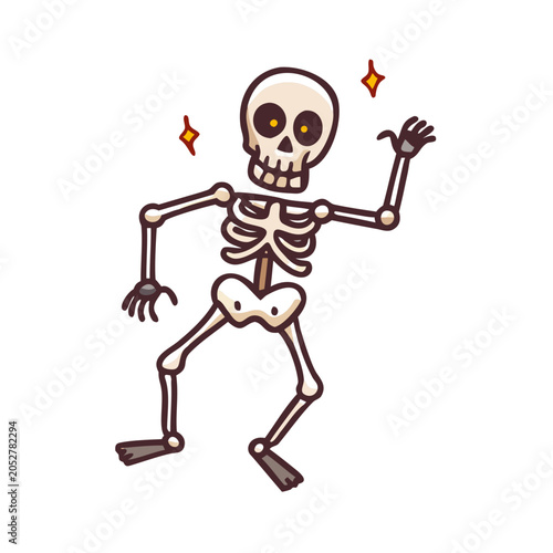 A cartoon skeleton dancing with sparkles