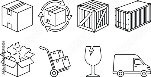 Fotografie Logistics shipping and cargo packaging vector line icon set featuring cardboard