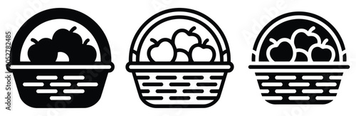 Photos Three black and white icons of baskets filled with apples in different styles fo