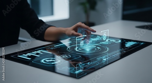Person interacting with futuristic digital interface.