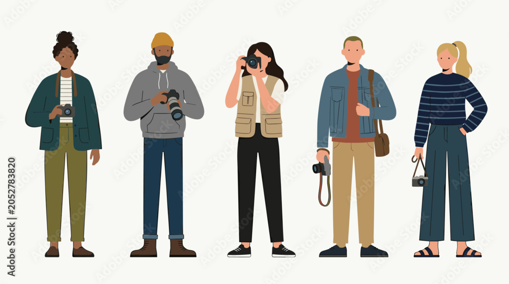 Obraz premium Diverse group of photographers holding cameras and capturing moments in a studio setting
