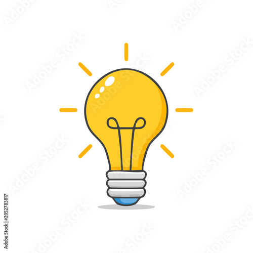 Bright yellow light bulb glowing with ideas and inspiration on white.
