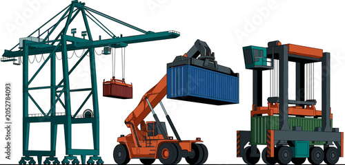 Tableau sur toile Industrial Port Shipping Container Logistics Machinery Vector Set with Gantry Cr