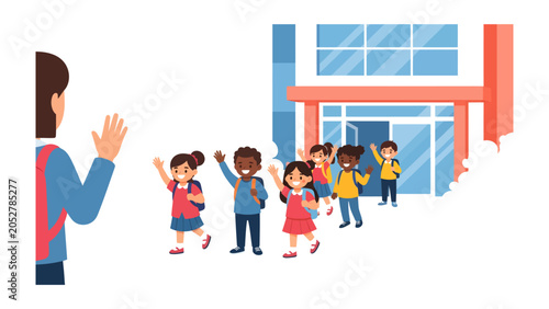 Foto First Day Excitement: Young students, full of enthusiasm, wave goodbye to their teacher as they enter school, ready for a day of learning and adventure