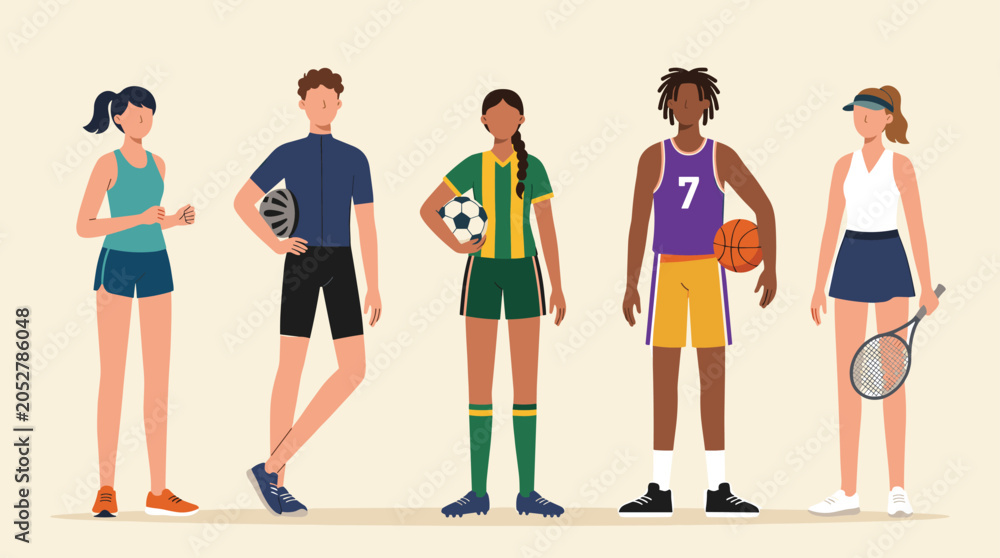 Obraz premium Diverse group of athletes in sportswear showing sports equipment and active lifestyle