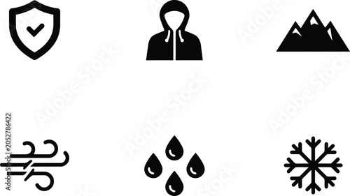 Foto Set of weather and safety related silhouette icons with mountains snowflake prot