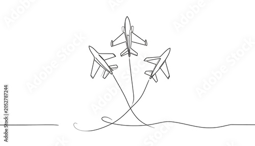 Three stylized jet aircraft in formation with smoke trails creating a continuous line drawing effect