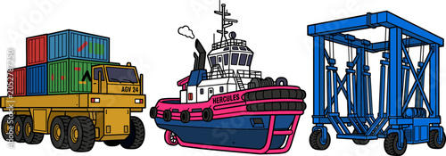 Photos Maritime Port Logistics Vector Set Featuring Container Truck Tugboat and Straddl