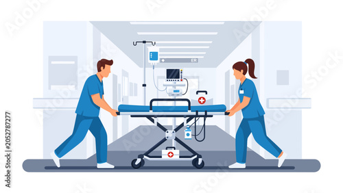 Bild auf Leinwand Emergency Transport in Hospital Corridor: Two medical professionals in uniform transport a patient on a stretcher down a brightly lit hospital corridor