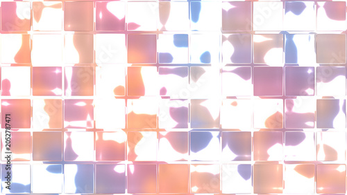 Soft and aesthetic abstract geometric background showing a grid of 3D transparent glass squares refracting light pastel pink, peach, and blue fluid gradients