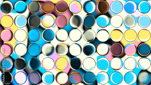 Colorful abstract geometric background featuring a grid of 3D transparent glass circles refracting vibrant blue, pink, and yellow liquid gradients