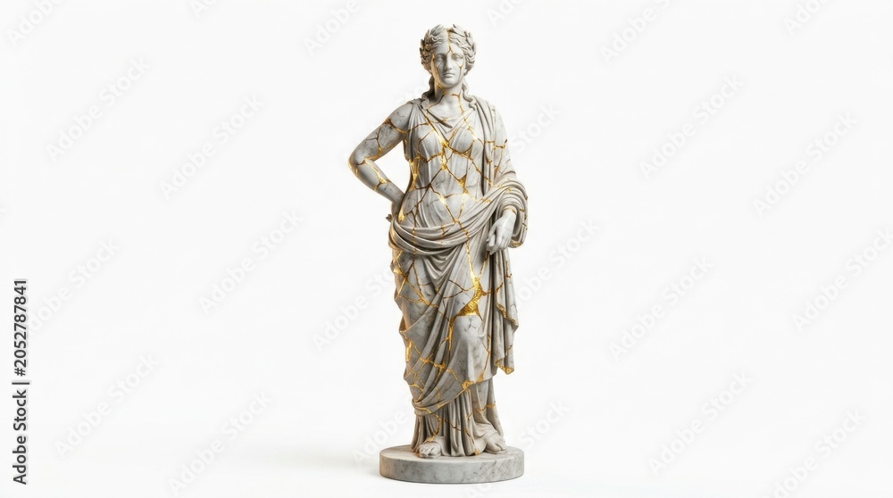 Fototapeta premium Classical Greek Marble Goddess Statue Repaired with Gold Kintsugi Technique, Concept of Healing and Beauty in Imperfection, Isolated on White Background