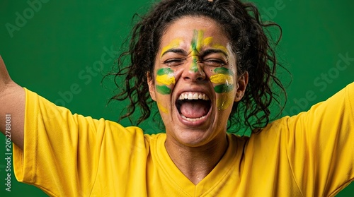 Woman painted in Brazilian colors screaming in victory, soccer fan in yellow jersey