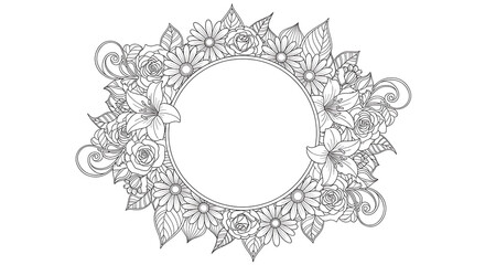 Floral oval frame with flowers and leaves for coloring book pages and creative projects transparent background