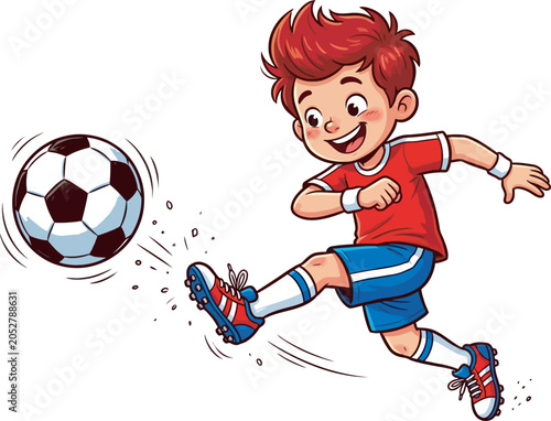 Cartoon Kid Kicking Soccer Ball Football Player Vector Illustration