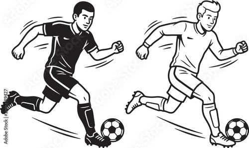 Soccer Player Running with Ball Outline Vector Set