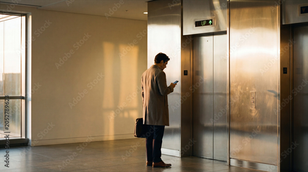Fototapeta premium Business Professional Waiting for Elevator in Modern Office Lobby