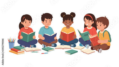 Картината върху платно Young Minds Engaged: A diverse group of children, boys and girls of various ethnicities, sit cross-legged in a circle, engrossed in reading books, surrounded by stacks of literature and art supplies
