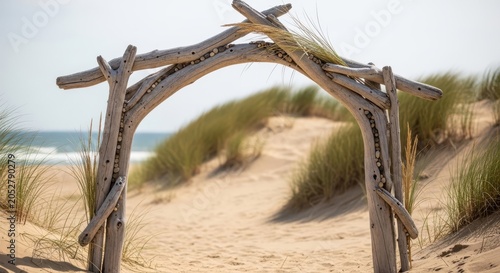 Weathered driftwood archway framing a sunny beach with dunes and ocean view, inviting exploration and seaside tranquility