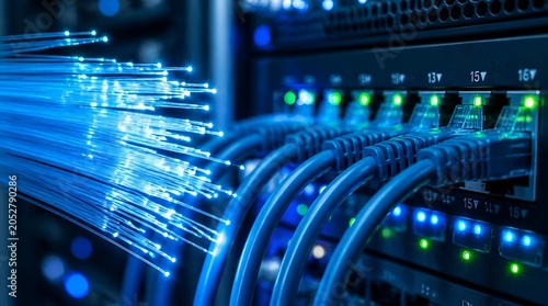 Obraz na płótnie Fiber optic cables connected to high speed data server.