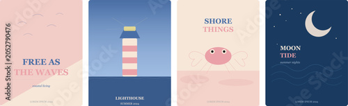 Bild auf Leinwand Coastal living poster set with lighthouse crab moon tide and seagull icons in minimalist art style