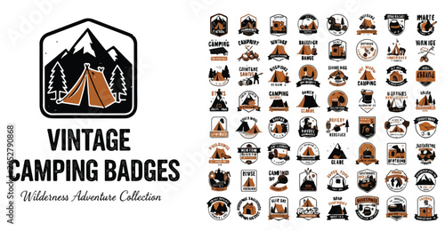 Canvastavla Vintage camping badges and wilderness adventure collection, retro outdoor mounta