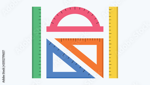 Colorful ruler protractor and triangle on white background geometry measurement vector illustration