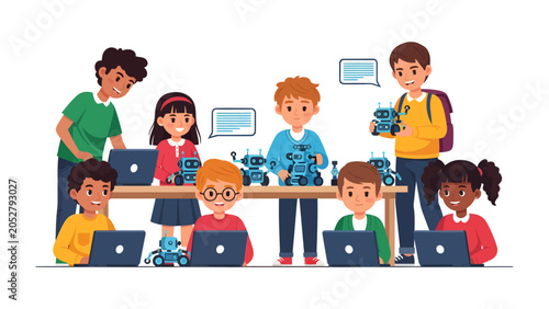 Obraz na plátně Future Creators: A group of diverse children are engrossed in a robotics workshop, excitedly building and programming small robots, fostering innovation and learning through technology