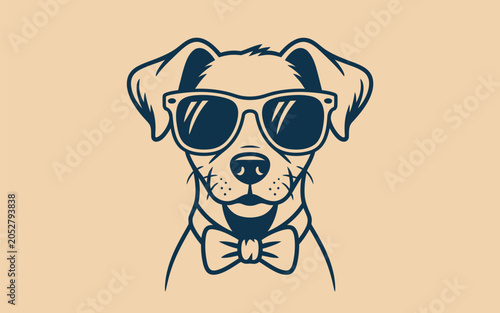 Billede på lærred A dog wearing sunglasses and a bow tie on a beige background looking stylish and