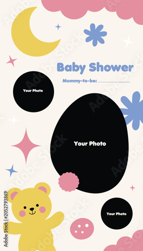 Cute Teddy Bear Baby Shower Photo Mask Portrait 9:16 Stories Template