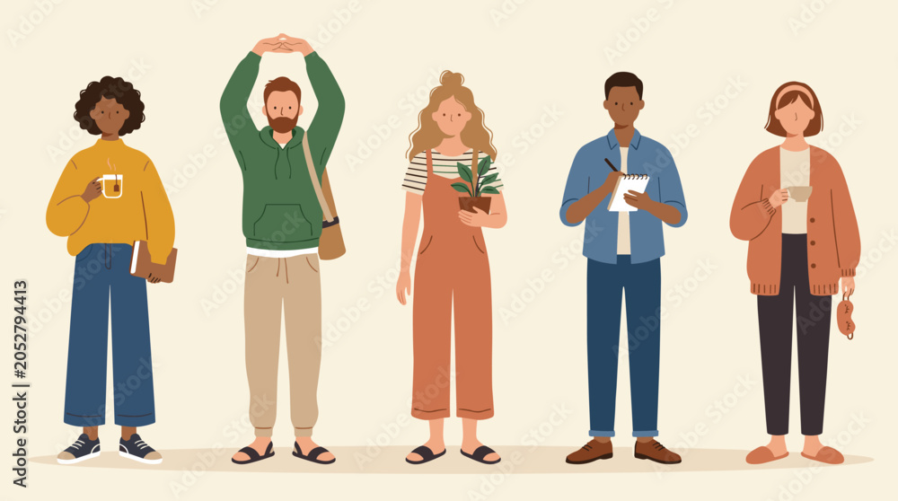 Obraz premium Diverse group of young adults standing together holding coffee and plants, representing community and lifestyle