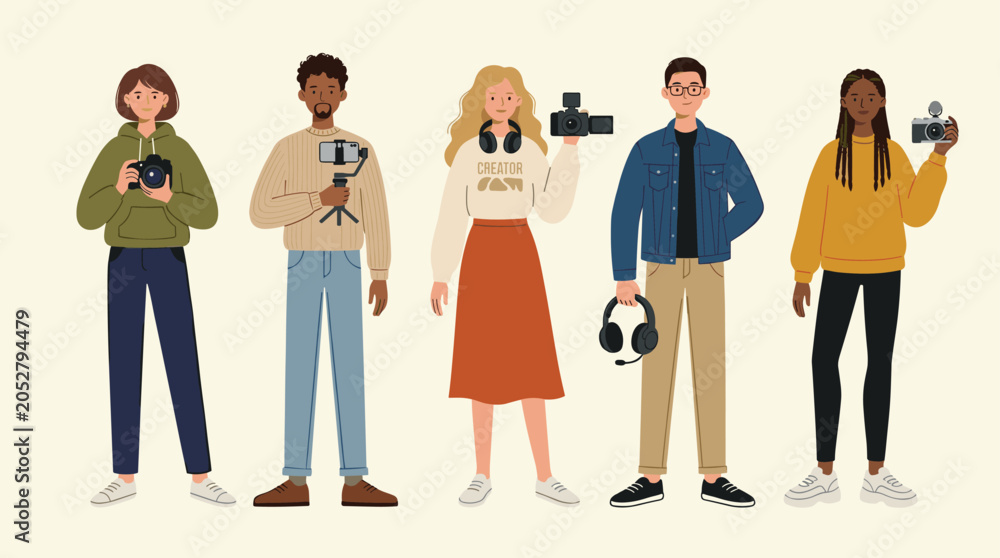 Fototapeta premium Diverse group of content creators holding cameras and video equipment ready to capture moments and share stories online