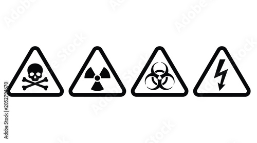 Fotografie Warning Sign Set With Skull Radiation Biohazard And Electricity Silhouette