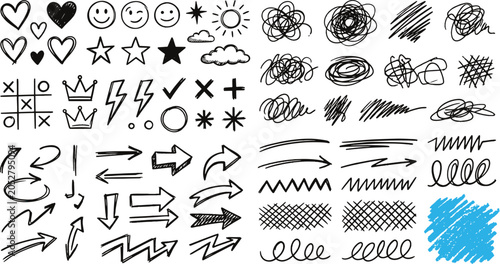 Cuadro en lienzo Hand drawn doodle element set with hearts stars smileys arrows crowns lightning