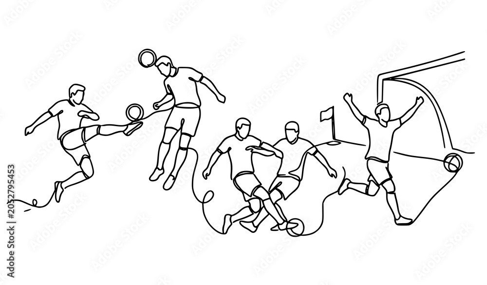 Fototapeta premium Soccer Football Players Action One Line Drawing Set with Kicking, Jumping, Heading, Tackling, and Goalkeeping for Sports and Athletic Design Concepts