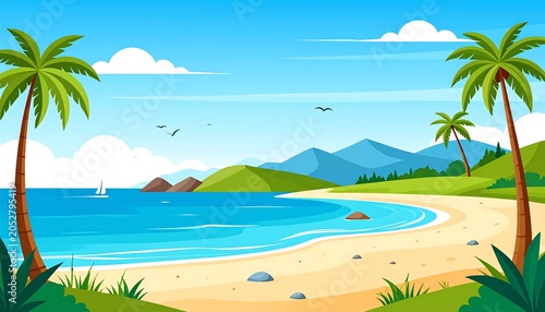 Tropical beach scene with palm trees, blue water, and mountains in the background under a sunny sky. A sailboat is visible