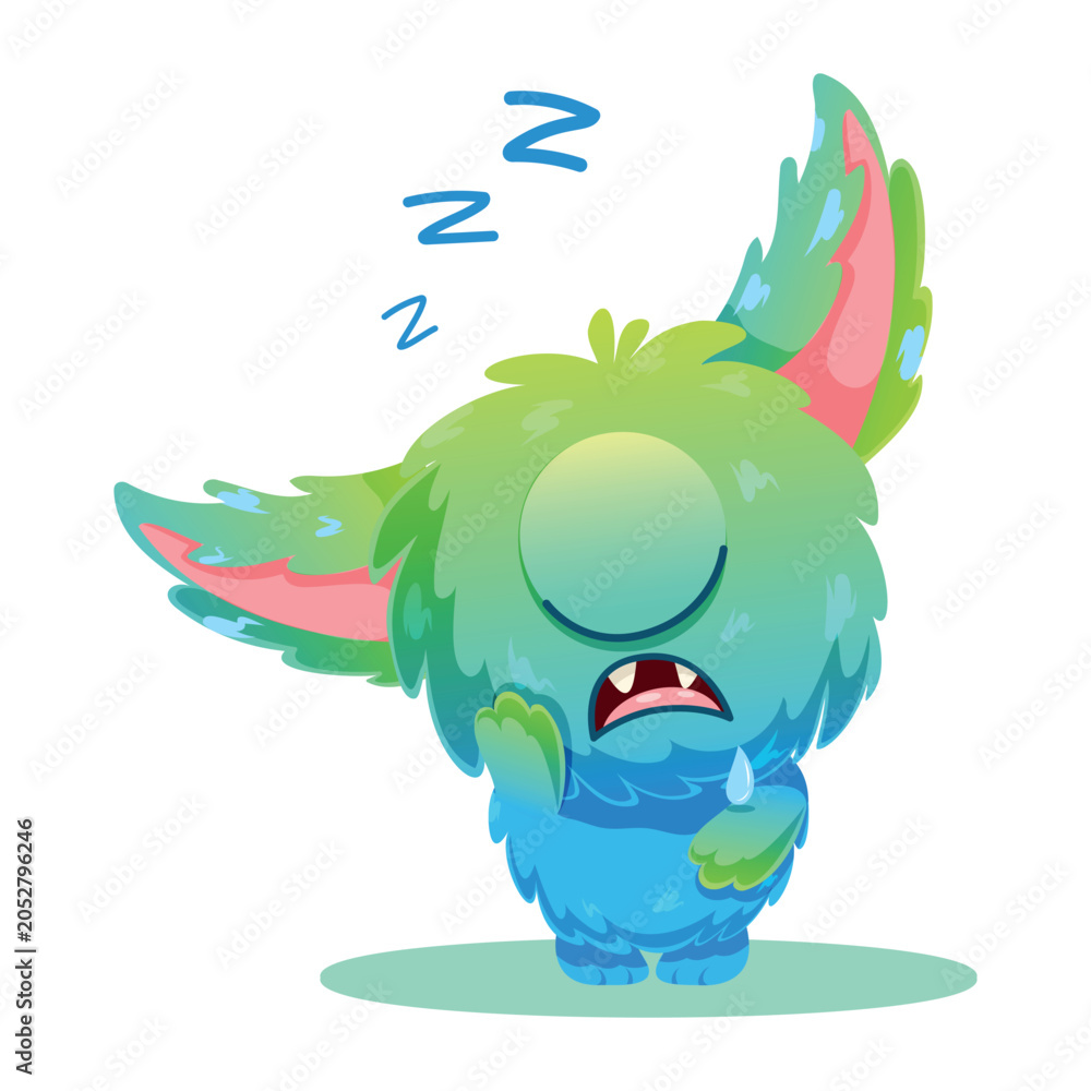 Fototapeta premium Cute sleeping green and blue cyclops monster Character Emotion Pack, Funny Cartoon Mascot
