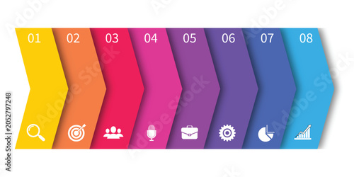 Eight Step Arrow Chevron Infographic Template — Colorful Business Process Flow Chart with Icons for Presentation