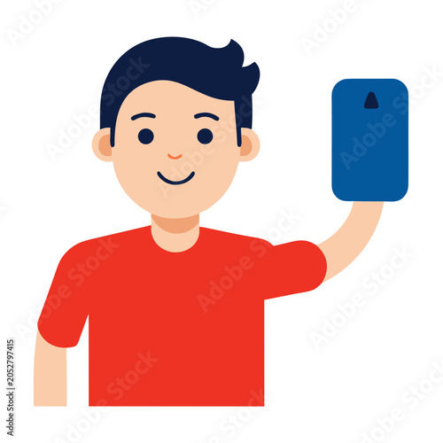 Tableau sur toile Flat vector illustration of a happy young man in a red shirt holding up a blue c