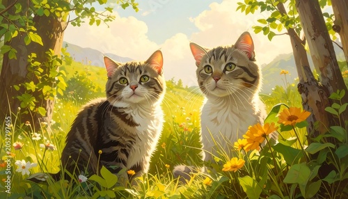 Two adorable felines bask in sunshine, surrounded by green grass, flowers, and trees. A bright, idyllic outdoor scene