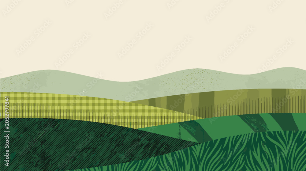 Obraz premium Minimalist rolling green hills and farm fields landscape background with abstract agricultural textures under a clear sky vector illustration