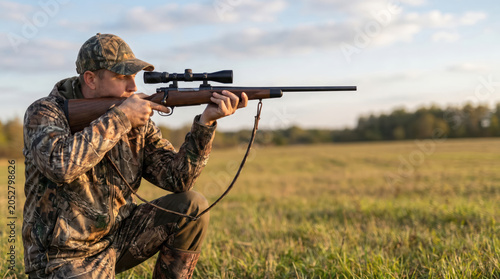 Hunter Aiming Scoped Rifle in Open Field During Hunting Season