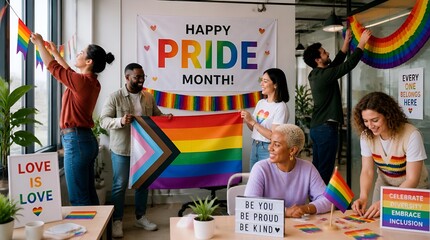 Happy group celebrating pride month with rainbow flags.