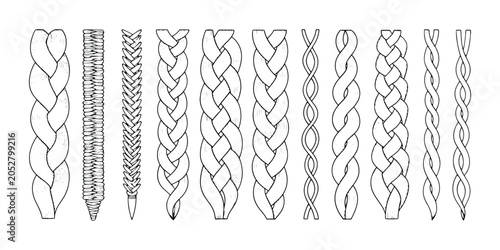 фотографія Collection of hair braids and twisted ropes line art styles in seamless black and white vector illustration