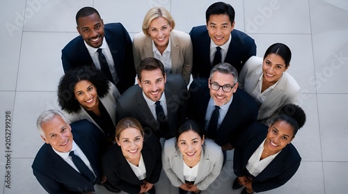 High angle of diverse business team smiling together.