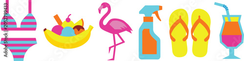 Colorful summer beach vacation vector flat icon set featuring bright tropical illustrations like striped bikini banana split ice cream flamingo sunscreen flip flops and cocktail