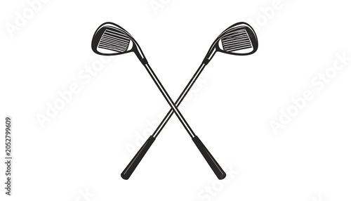 Two black-and-white golf clubs, crossed and isolated on a white background, demonstrating the sport